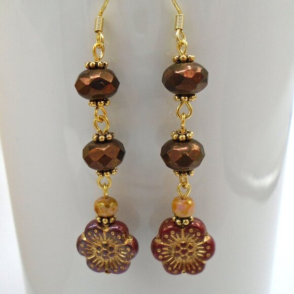 NEW ~ MAROON CZECH GLASS Gold Stretch Bracelet and Earrings Set - Picture 3 of 3